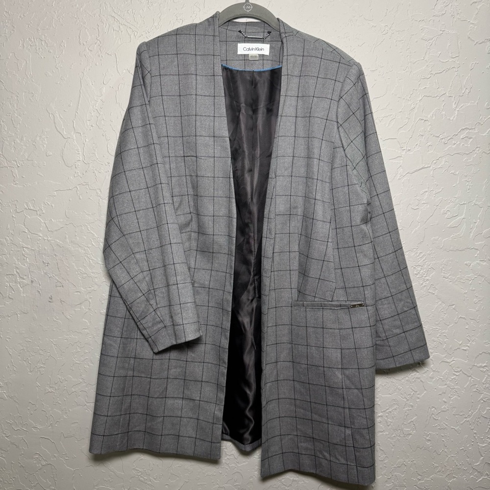 Calvin Klein Women's Collarless Open Front Checkered Blazer 14W